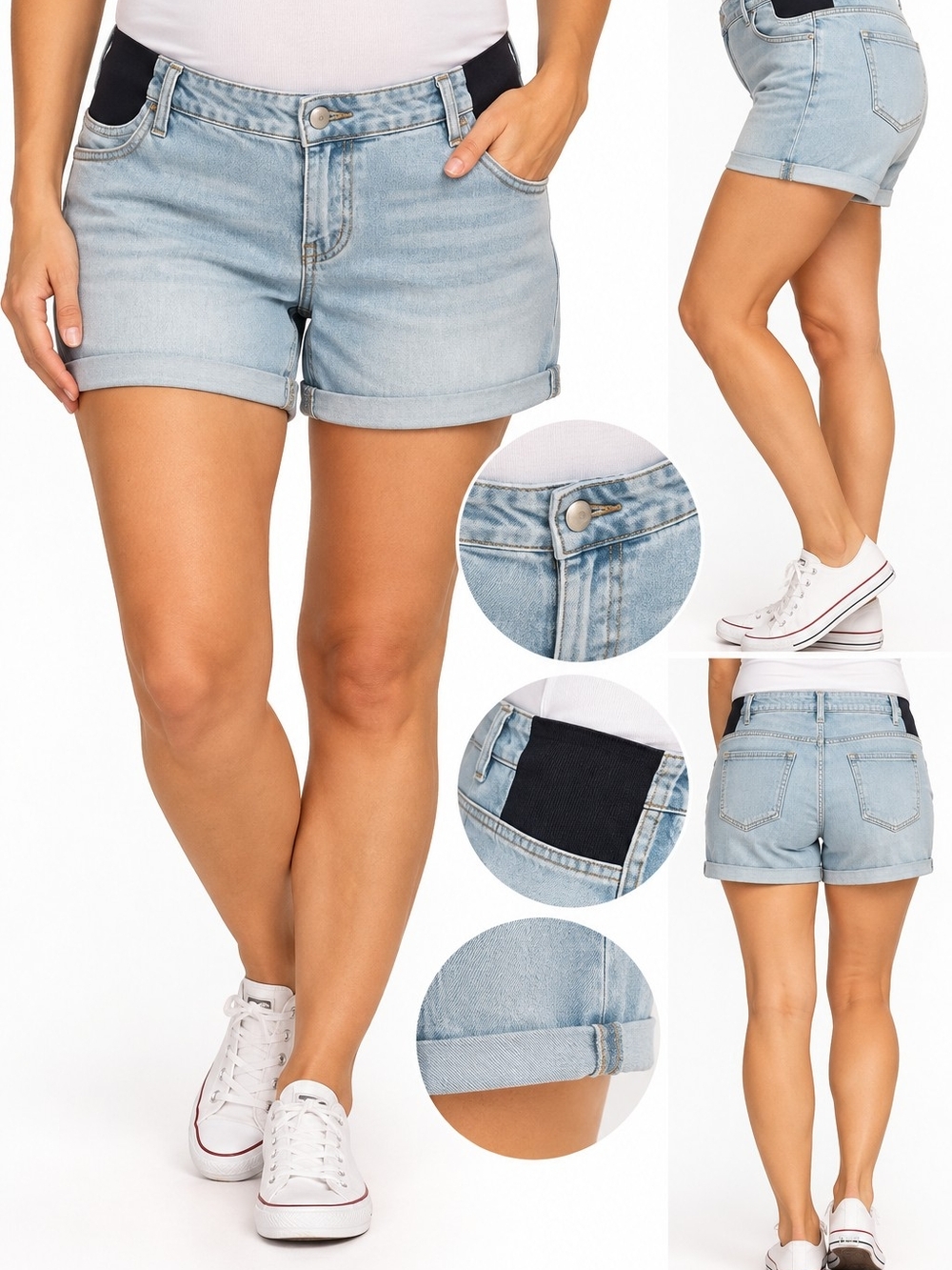 Light Wash Denim Maternity Shorts with Elastic Side Panels